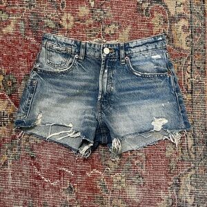 ZARA Medium Wash Patchwork Distressed Denim Shorts